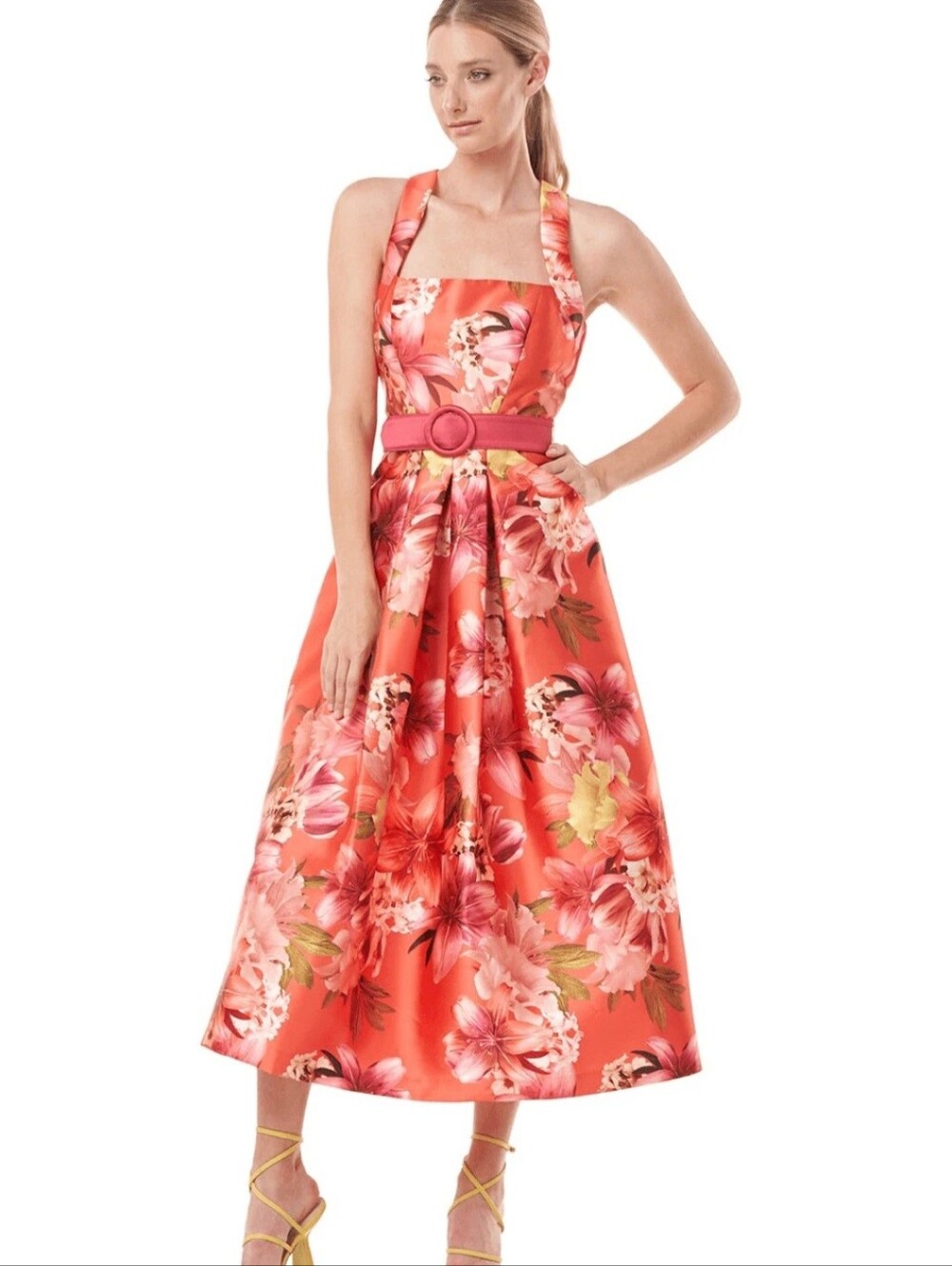 NWT Kay Unger "Morgana" Fit-and-Flare Belted Midi Dress